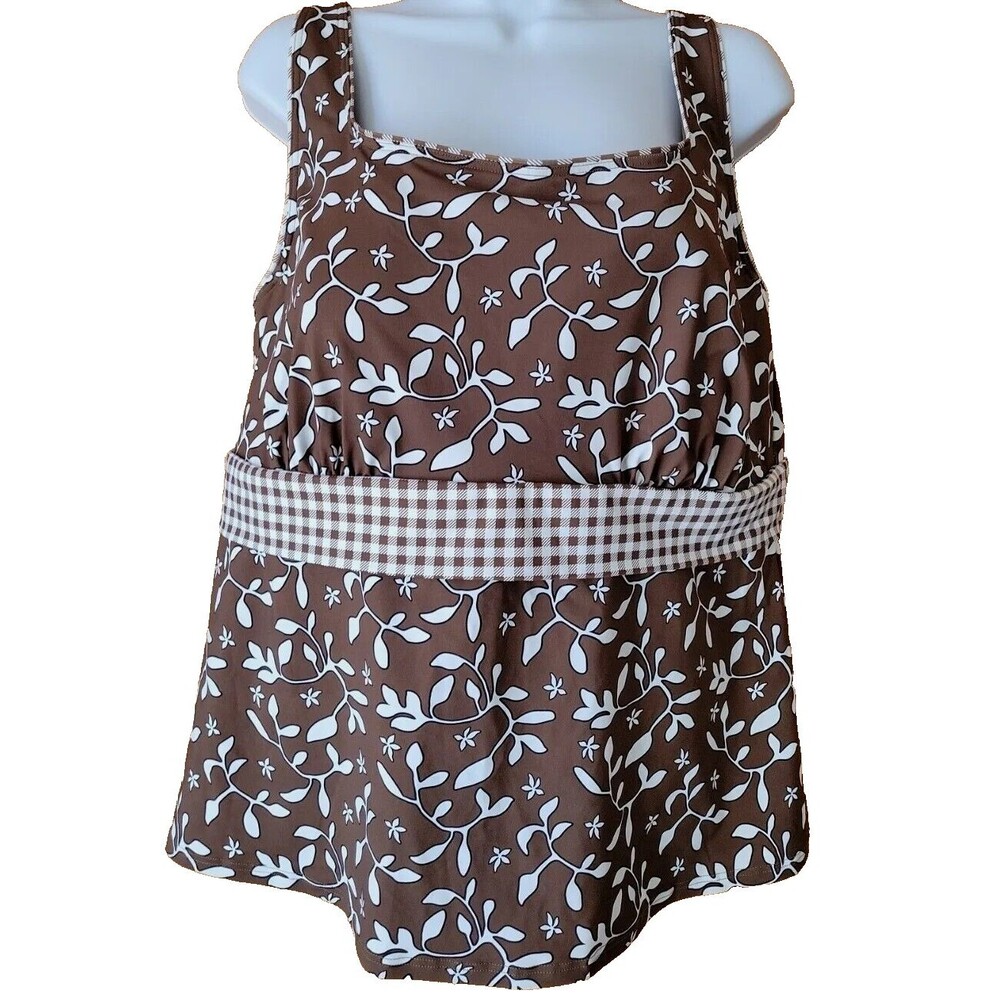 Swim Top Brown Floral 1X 16W Underwire Lands' End Underwire Wide Straps S917